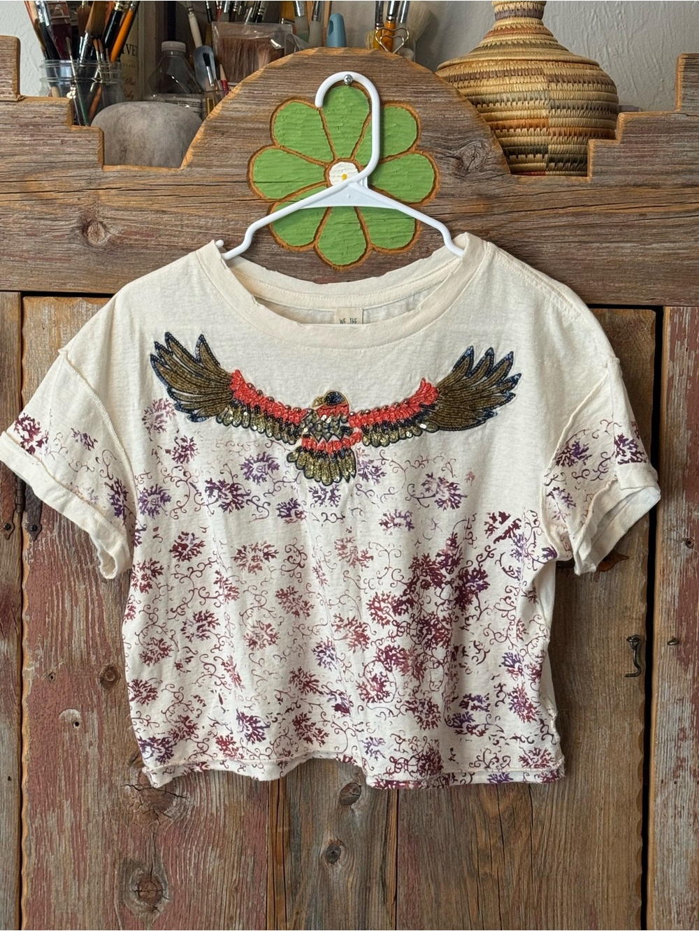 We The Free crop Cream Tee with sequined eagle size large - Picture 4 of 14